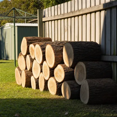 Logs cut and stacked for firewood, North Shore